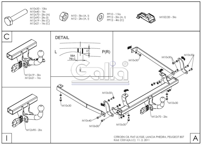 Tažné zařízení Fiat Ulysse 2002-2005/04 , pevný čep 2 šrouby, Galia