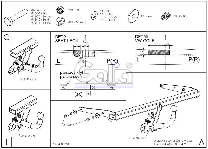 Tažné zařízení VW Golf HB 2014-2017 (VII), pevný čep 2 šrouby, Galia